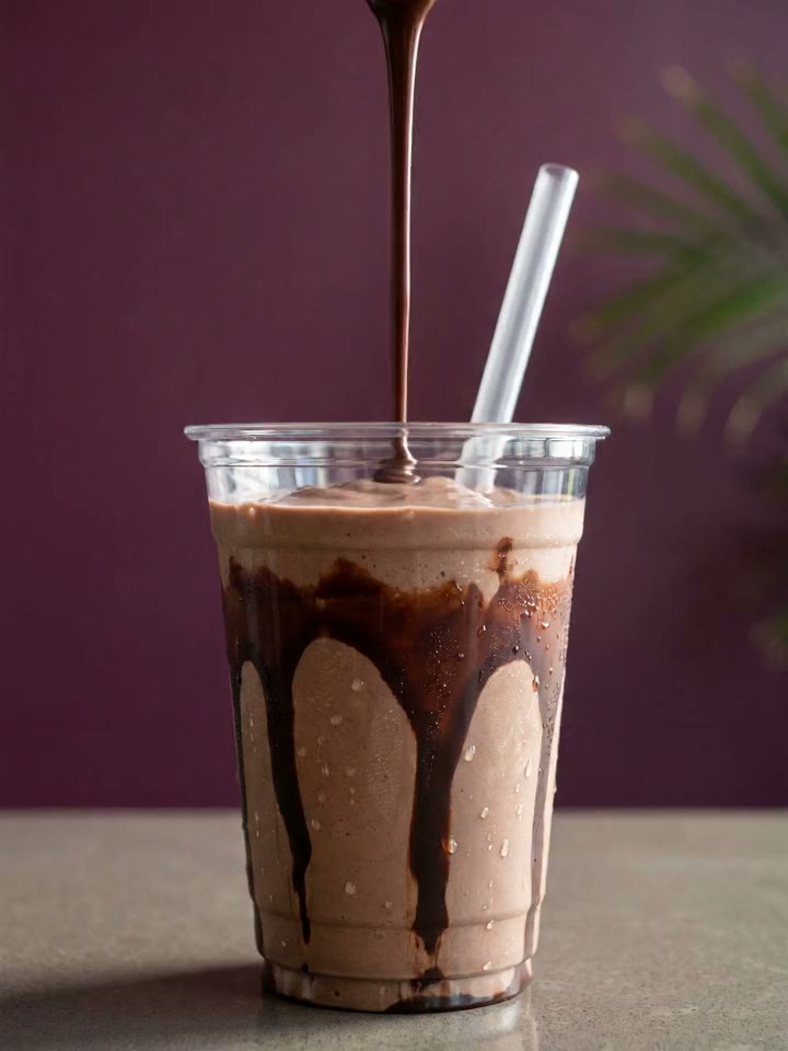 Milkshake de chocolate com calda descendo pelo copo